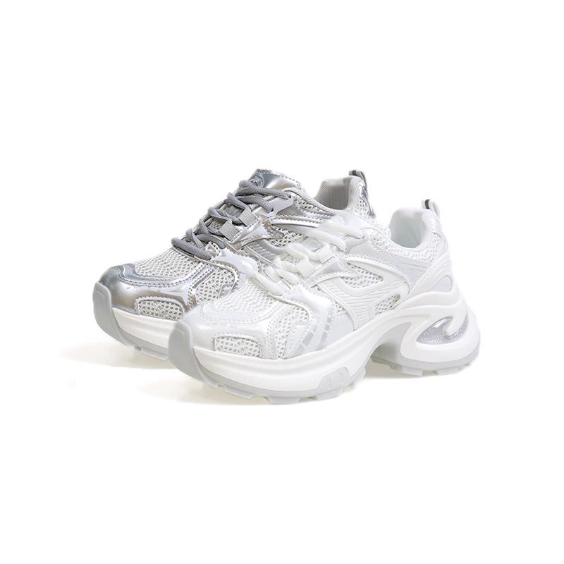 2025 Summer Thin Silver Thick-soled Heightening Dad Shoes Women's Mesh Breathable Versatile Casual Sports Shoes Ins