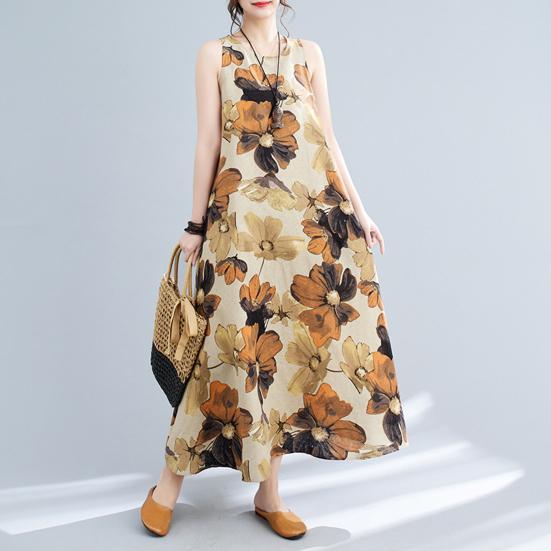 Boho Plus Size Cotton Linen Dress for Women Summer Sleeveless Printed Loose