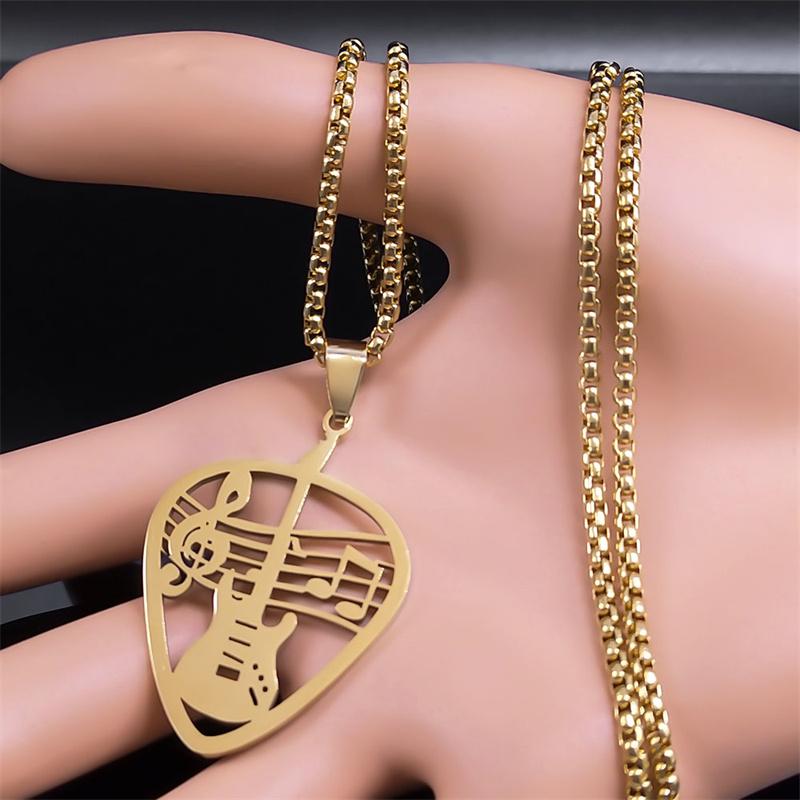Music Guitar Pick Pendant Necklace for Women/Men Stainless Steel Gold Color Punk Bass Note Chain Necklace Party Jewelry collar