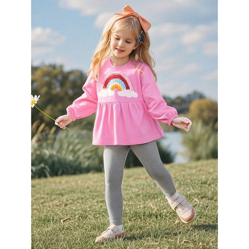 Girls' Sweet Rainbow Long-Sleeve Pullover Sweatshirt and Leggings Two-Piece Set, Baby Pure Cotton T-Shirt Autumn Outfit Trendy 3