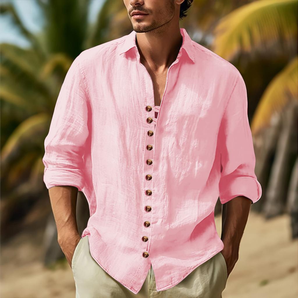 Spring Autumn Men's Solid Casual Shirts Retro Lapel Collar Cotton Linen Buttons Up Long Sleeve Shirt White Black