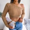 Autumn Winter Women Fashion Long Sleeve Cropped Knit Sweater Solid Color Off Shoulder Tops S-L