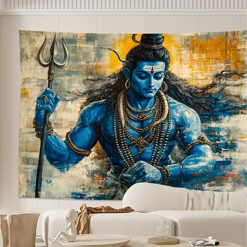 2D Abstraktní Hinduistický Bůh Šiva Gobelín Trishul Malba Závěs na Zeď