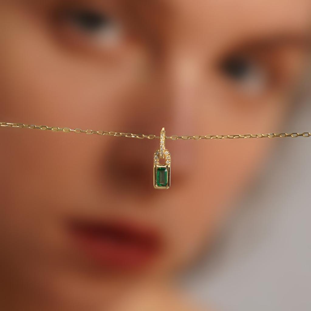 Emerald Green Lock Pendant Necklace with Micro Pave Accents