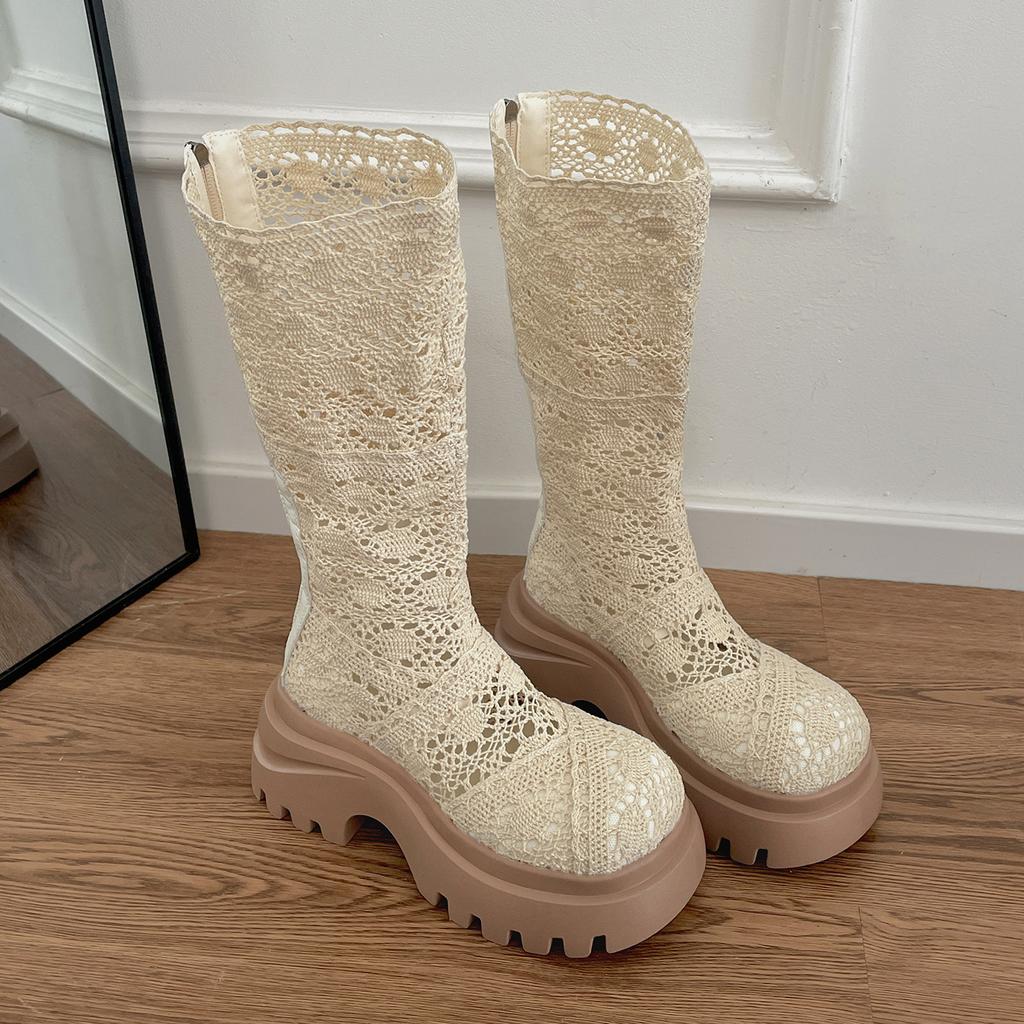 White retro small thick-soled heightening knight boots women's 2025 new autumn versatile soft-soled hollow boots