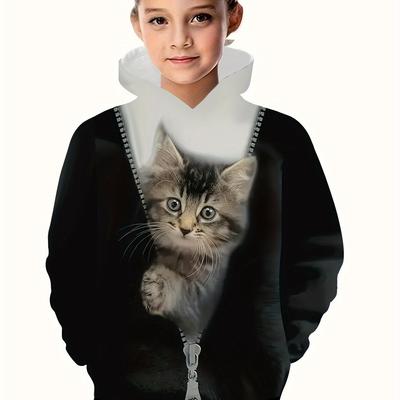 Girls' 3D Printed Cute Kitten Hoodie, Casual Breathable Polyester Pullover with Color Block Detail
