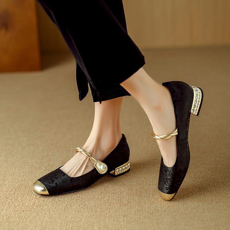 Mary Jane women's shoes French high heels retro summer 2026 new green national style thick heel with shoes
