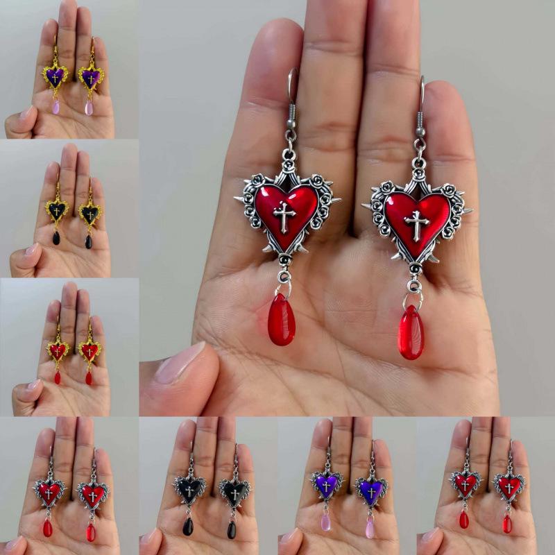 Dark Gem Blood Red Gothic Heart Rose Thorn Earrings - Original Halloween Design