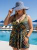 European & American Plus Size Slimming Two-Piece Tankini Swimsuit with Drawstring Skirt and Printed Briefs