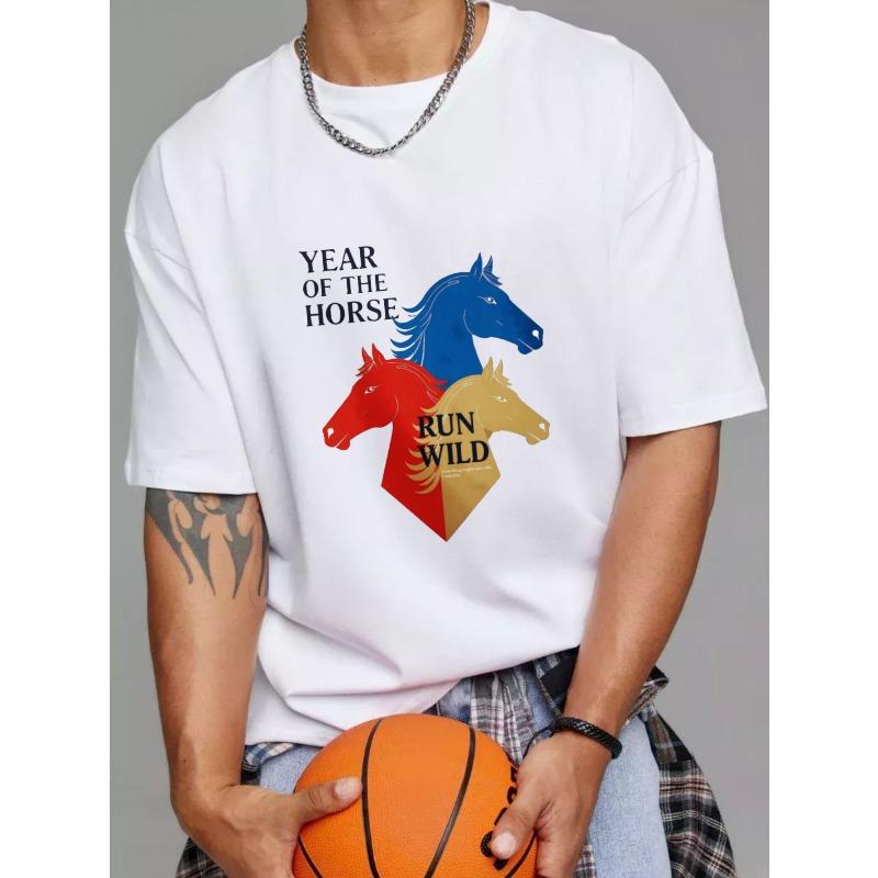 

Белая футболка с круглым вырезом, графикой головы дикой лошади и надписью Год Лошади , для повседневной носки XXXXL белый