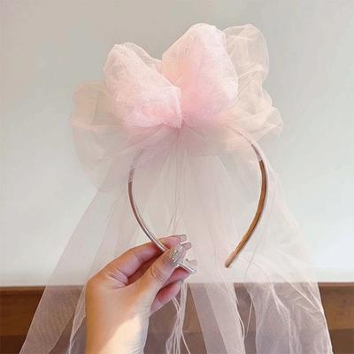 Elegant Flowing Bow Veil Hair Hoop Mesh Polyester Girls Head Gauze Pink Beige Bridal Tulle Hair Accessories