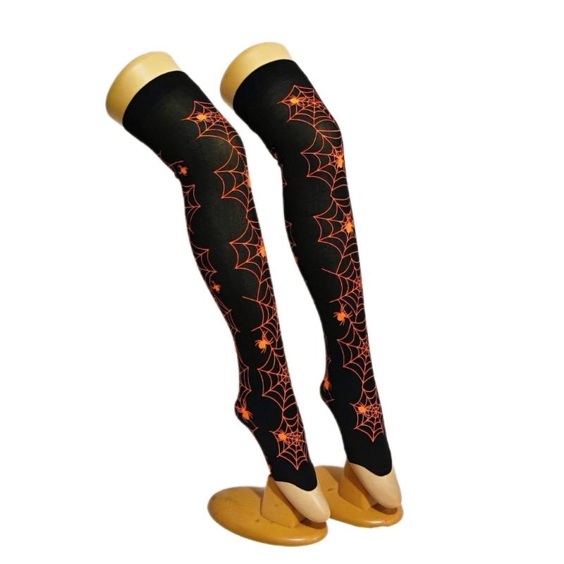 Women Sexy Harajuku Gothic Spiderweb Pattern Over Knee Socks Stretchy Thigh High Stockings for Halloween Cosplay Costume