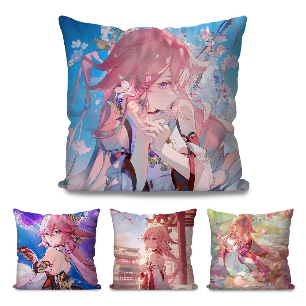 Yae Miko Animation Game G-Genshin I-Impact Pillow Case Square Pillow Bedroom Sofa Leisure Car Living Room Home Decoration 40X40