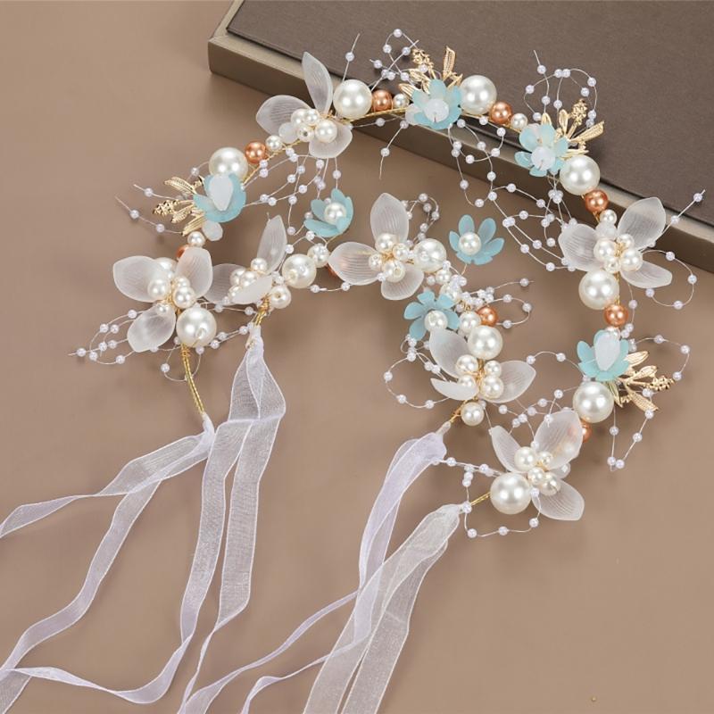 Flower Girl Tiaras Headband with Wrist Flower Artificial Pearls Flower Hairhoop For Wedding Dress And Formal Occasion