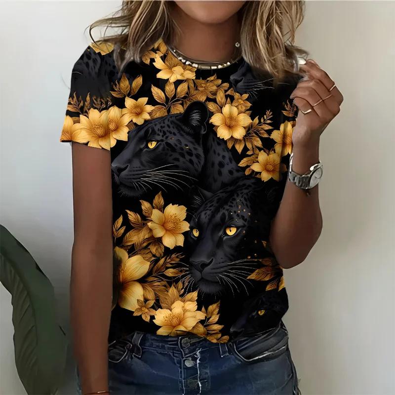 Bold Leopard Print Gold Flower Women's T-shirt Casual Fashionable Loose Comfortable Black Short Sleeve