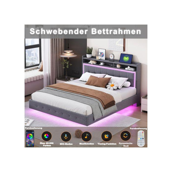 Lit rembourré - MUVOE - 160x200 cm - Prise USB - Éclairage LED - Tissu lin gris