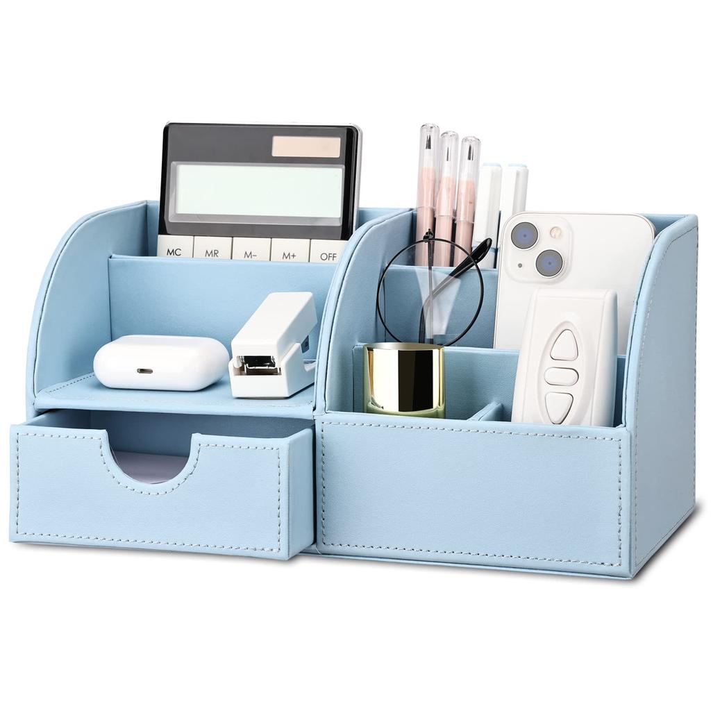 KINGFOM PU Leather Desk Storage Desktop Organizer with Stationery Remote Item Stylish Box/Case, Drawer, Pen/Pencil Holder, Stand, Control/Small