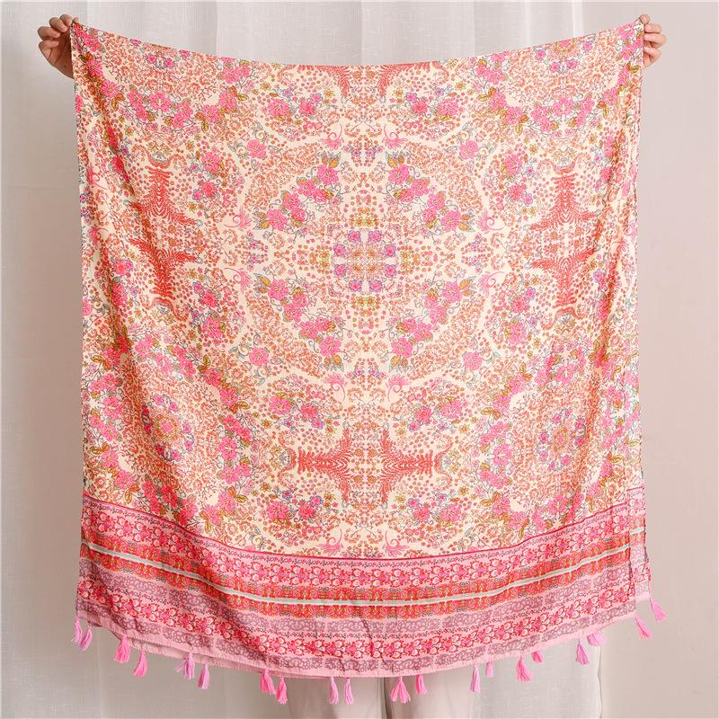 

Этническая шаль с цветочным принтом из хлопка и льна с кисточками: Пляжный шарф для защиты от солнца для женщин 180x90 cm
