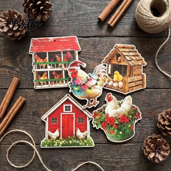 Decorative Wood Gift Tags 10/20/30Pcs 2D Flat Farmhouse Chicken Wooden Hanging Ornament, Rooster Hen Coop Barn Rustic Craft Ornaments Farm Pendants