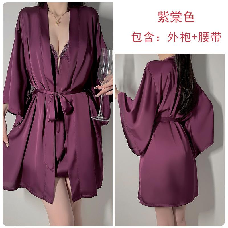 Women's Plus Size Lace Push Up Padded Backless Cami Sleep Dress with Robe Lounge Set