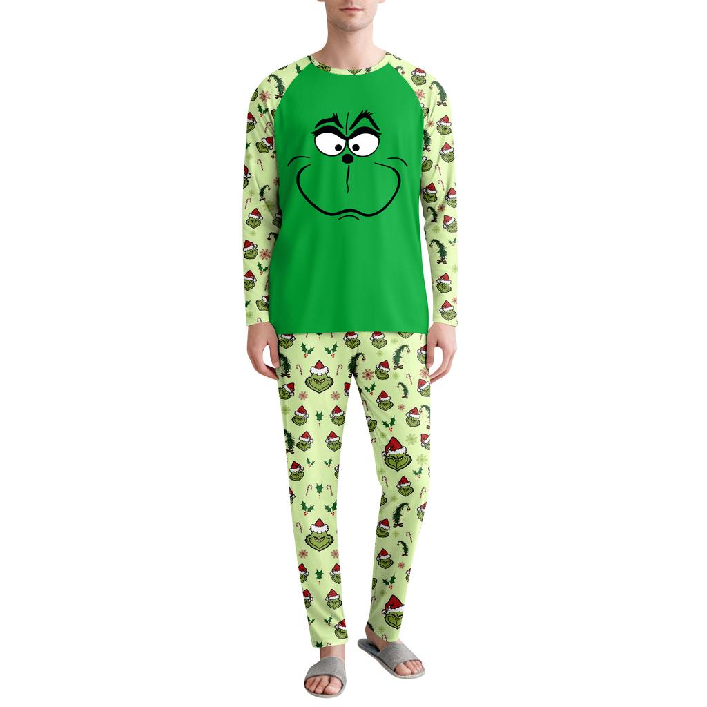 Men's Printed Round Neck Raglan Long Sleeve Casual Home Pajama Set