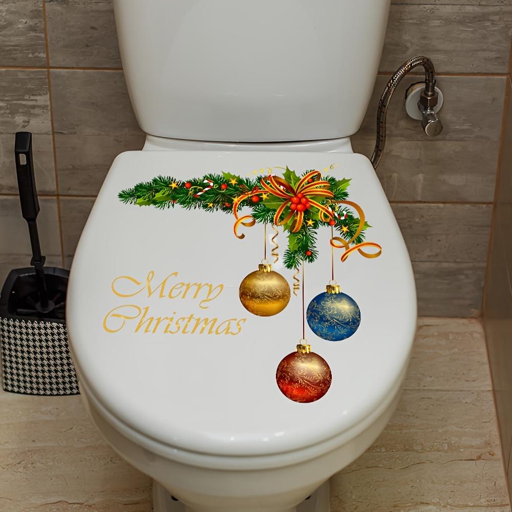 

A Christmas-Themed Toilet Seat Sticker Featuring a Wreath And Colorful Balls, Made of Waterproof, Removable PVC for Decoration.