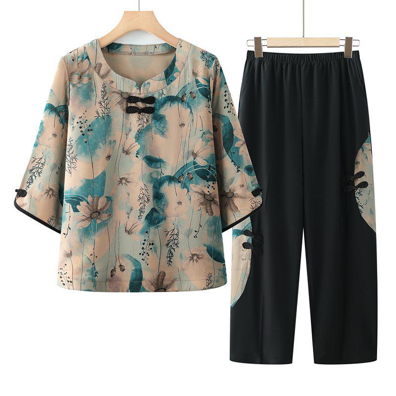 

Summer Chinese-Style Two-Piece Set for Middle-Aged Women: Round Neck Three-Quarter Sleeve Shirt 4XL (130-145 jin)