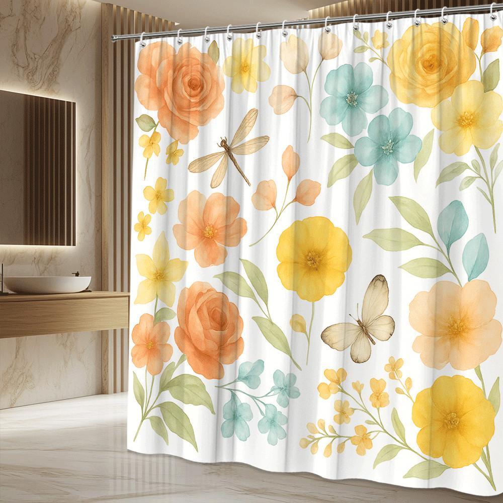 Watercolor Floral Shower Curtain Yellow Peach And Blue Flowers Dragonfly Butterfly Garden Style Decor Waterproof Elevate Space
