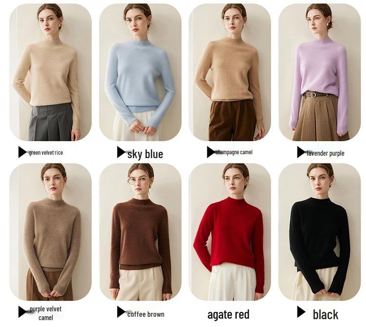 Women's Pure Cashmere Pullover - Half-High Collar, Loose Fit, Warm Autumn/Winter Knit Sweater.