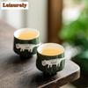 2pc/set Japanese Powder Yin Olive Green Teacup Handpainted Cat Jade Standing Cup Small Single Master Cup Mug Kung Fu Teaset 60ml