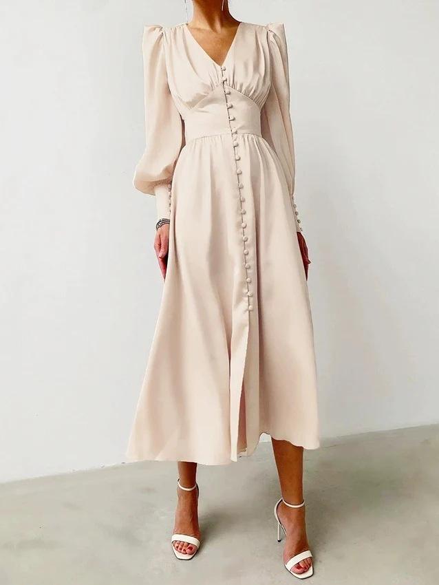 European and American Women's Clothing, Satin Dress, Lantern Sleeves, Waist and Thin European and American Temperament Slim Dress