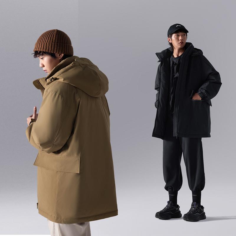 Li Ning CF Suo Red Velvet Hooded Windproof Moisture-Wicking Down Jacket Men Outerwear Black AYMU207-4