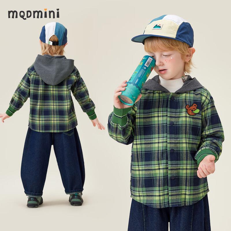 MQDMINI Boys  Hooded Plaid Cotton Shirt Jacket 120cm