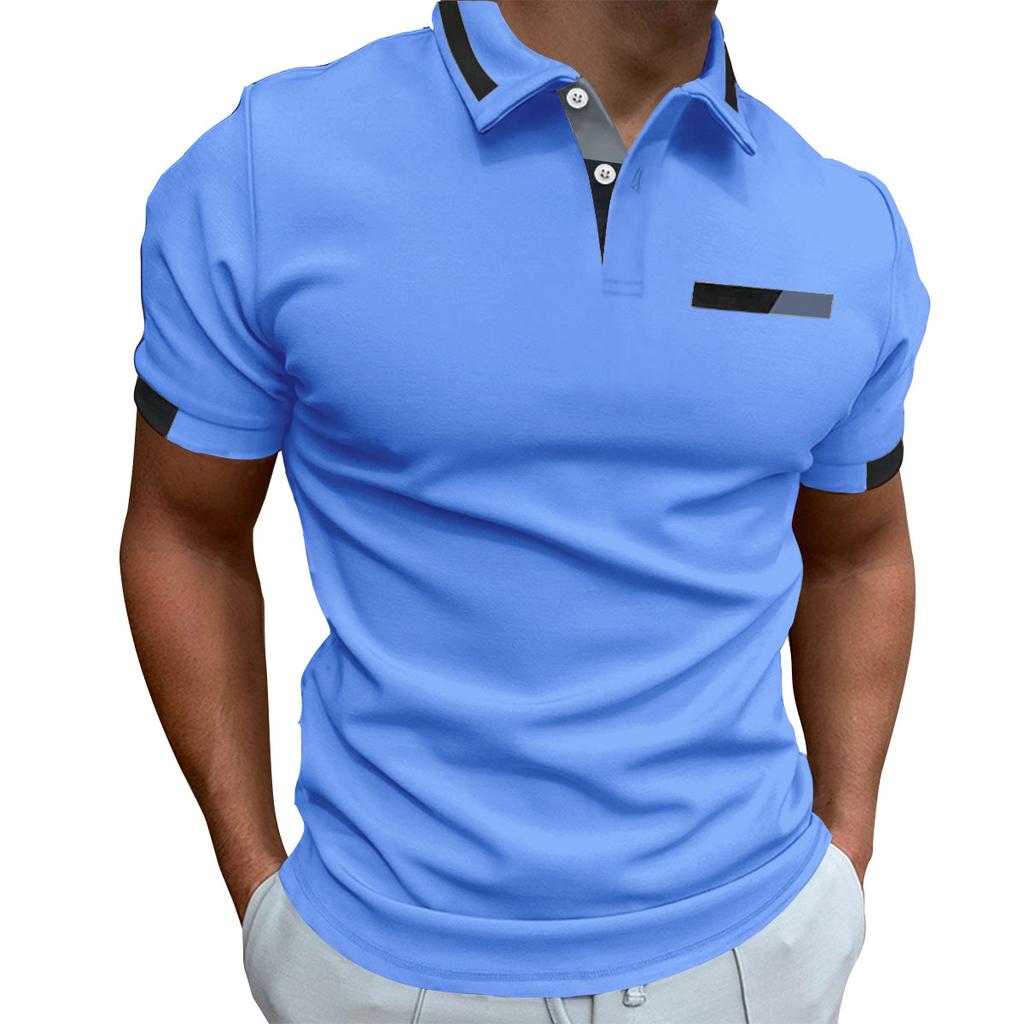 New Men's Short-Sleeved Casual Polo Shirt with Imitation Chest Pocket, Collar and Button-Front Business T-Shirt Top for Men