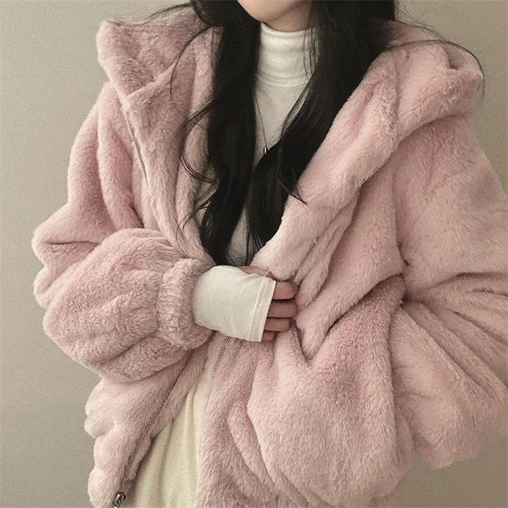 Hooded lamb wool imitation fur loose coat new autumn and winter fleece thickened sweater cardigan zipper warm