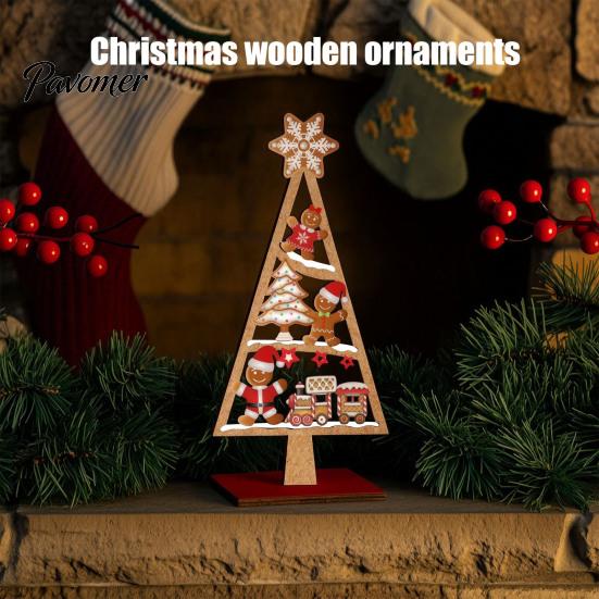Indoor Christmas Home Decoration Wooden Tree Tabletop Sign, Rustic Gingerbread Snowman Gnome Desktop Ornament with Star Holiday Party Sign Topper,
