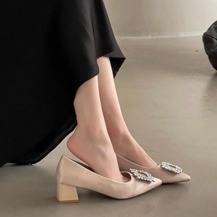 Elegant temperament thick heel single shoes year-round legs long pointed head satin Korean version high heels college style