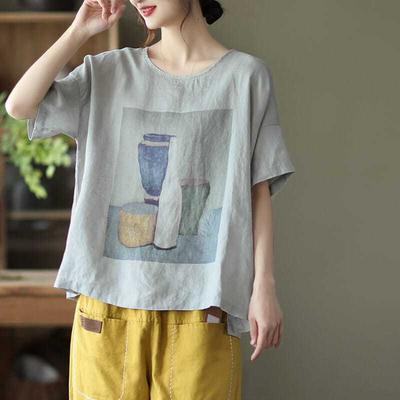 New Summer Retro Literary Printed Cotton and Linen Top for Women Loose Round Neck Short-sleeved T-shirt Versatile Head