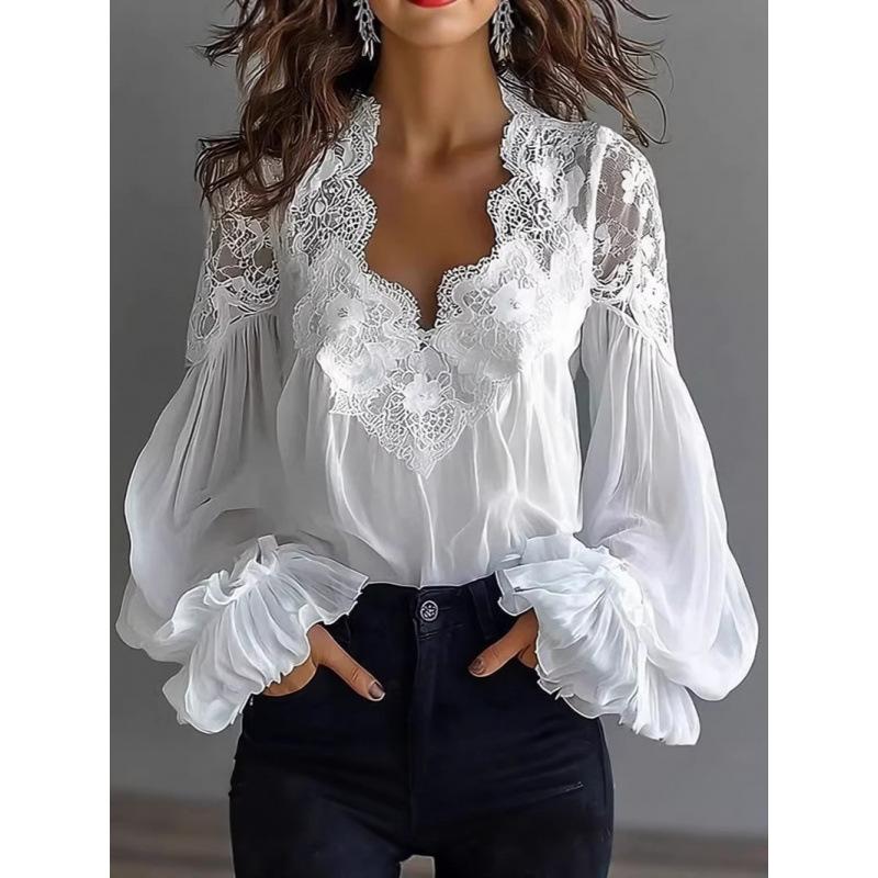1116 European and American Hot-selling New V-neck Fashion Lace Splicing Bubble Sleeve Pleated Shirt Women