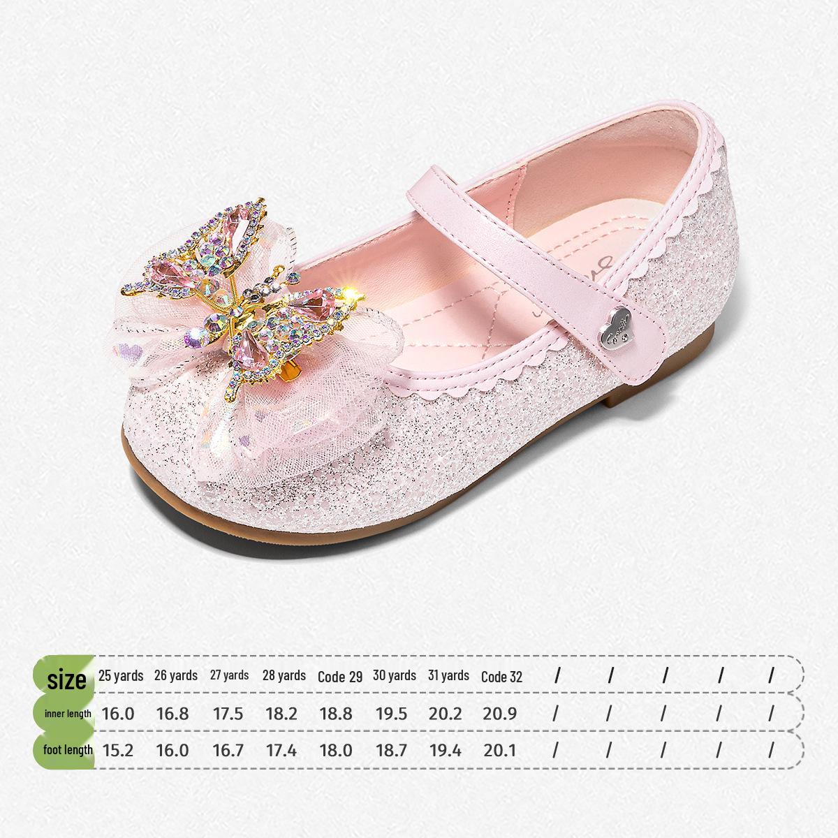 Snuffy Sparkling Girls  Leather Crystal Shoes - Pink Princess Butterfly Design for Spring & Autumn 2026 30