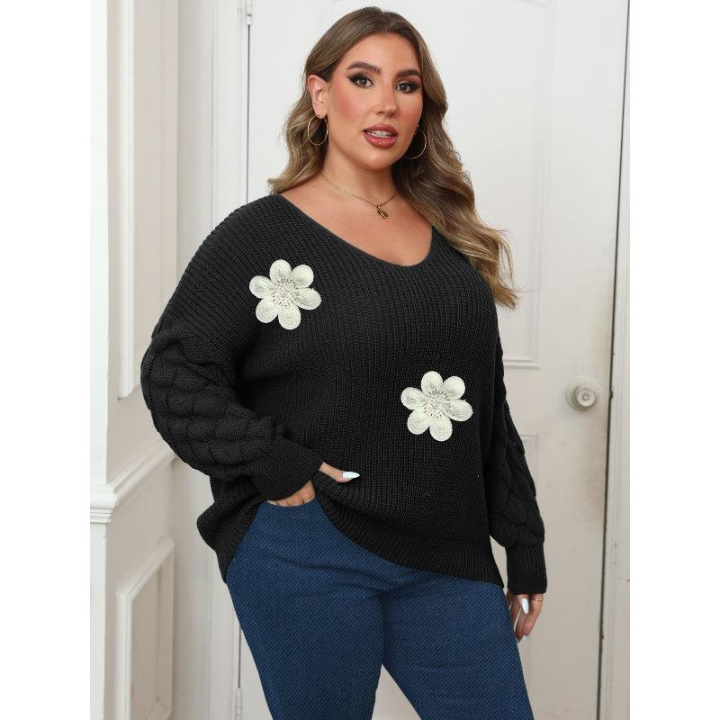 

Пуловер большого размера с рукавами-ананасами и лоскутной базовой подкладкой, трехмерный лоскутный пуловер с жемчужной вышивкой в виде цветов для женщин 3XL чёрный