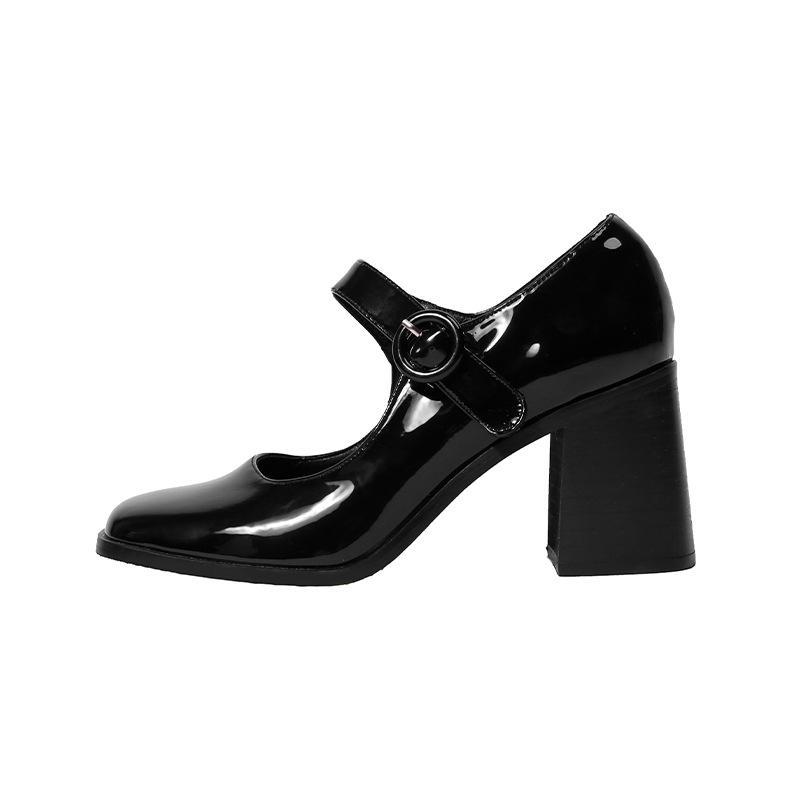2025 new Mary Jane shoes women's retro British style Hepburn black high heel one-word buckle thick heel square head single shoes women