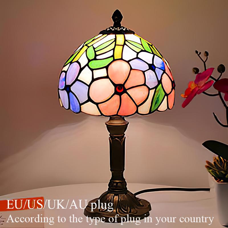 Lampada da tavolo a LED in stile Tiffany Luci decorative mediterranee retrò Paralume in vetro colorato E27Per comodino, camera da letto, luce, caffè
