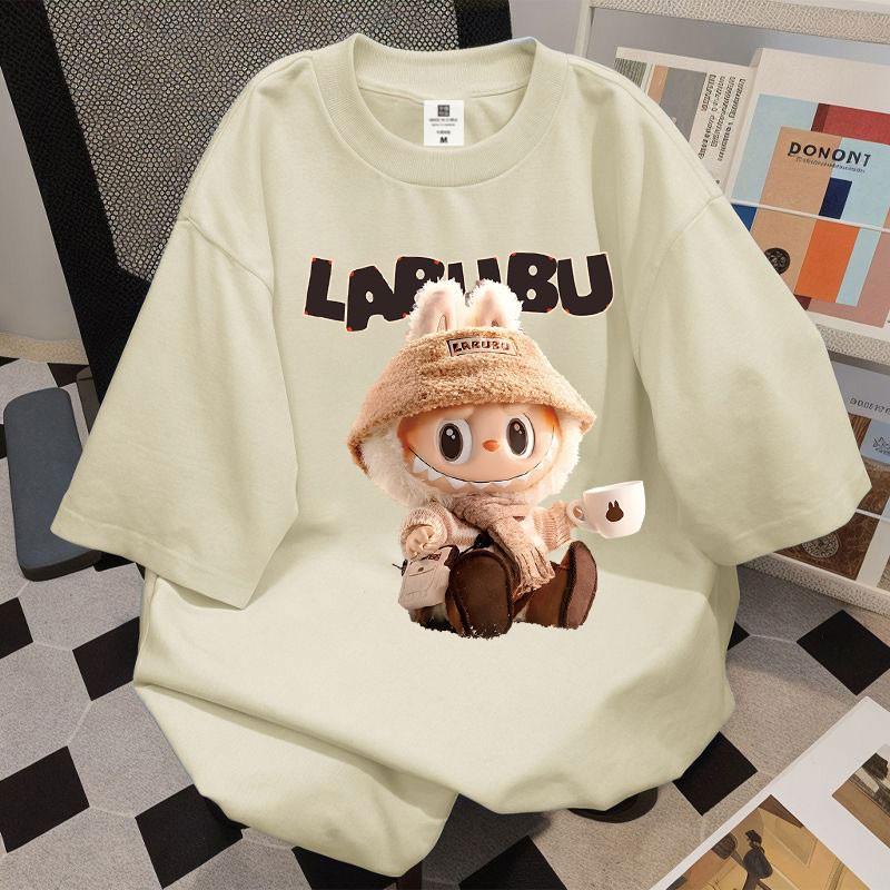 New LABUBU Cartoon Print Short Sleeved T-shirt Women's Round Neck Top Cute Casual Fashion