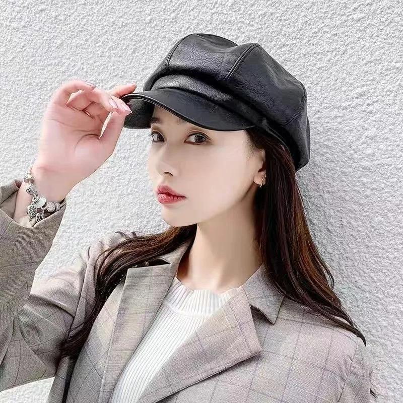 Korean Version Leather Beret, Kids Autumn Winter Octagonal Hat, Cute British Style Student Hat