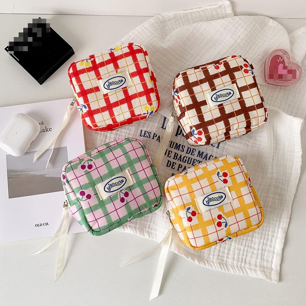 Fabric Small Cherry Patterned Storage Bag for Girls' Portable Sanitary Napkin Carrying Bag with Compartments  Mini Bag, Small Square Bag