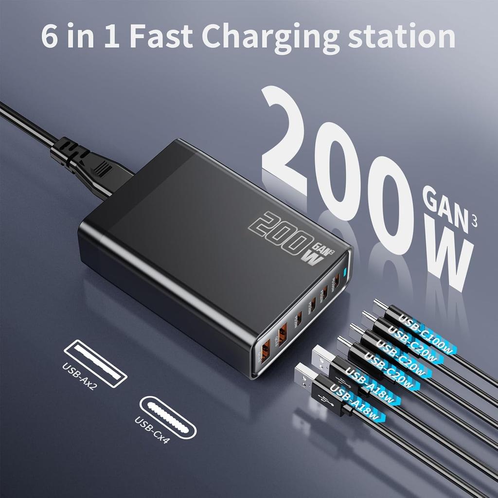200W GaN Desktop Charger 3C+3A 6 Port Output 100W Single Type-C Port Charging Station for Phones Tablets
