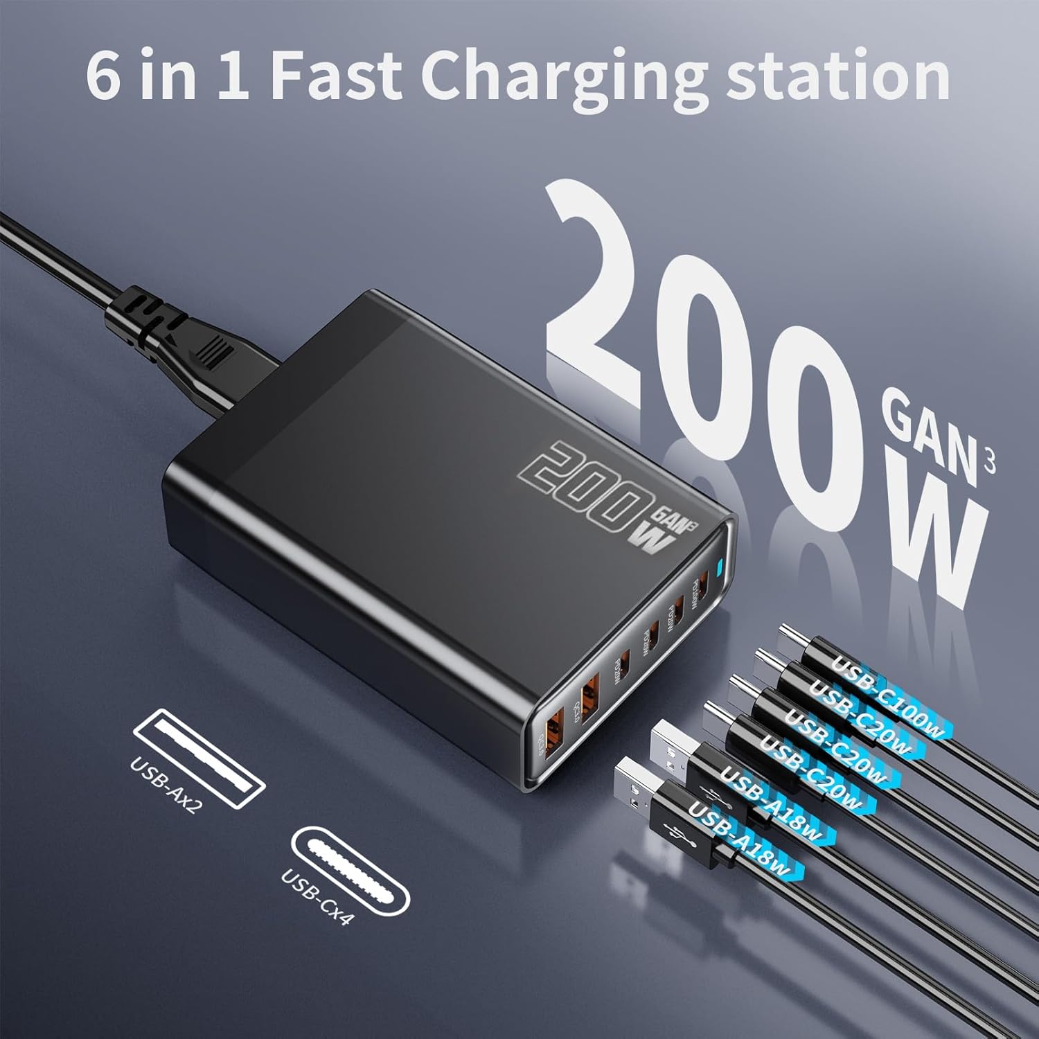 

200W GaN Desktop Charger 3C+3A 6 Port Output 100W Single Type-C Port Charging Station for Phones Tablets Black/EU Plug