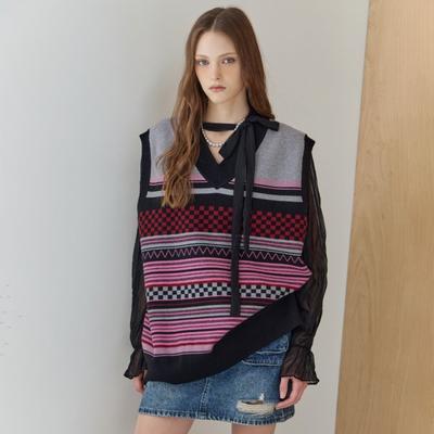 Loose Fit Knit Vest Pattern Mix Stripe Ze10qv002na