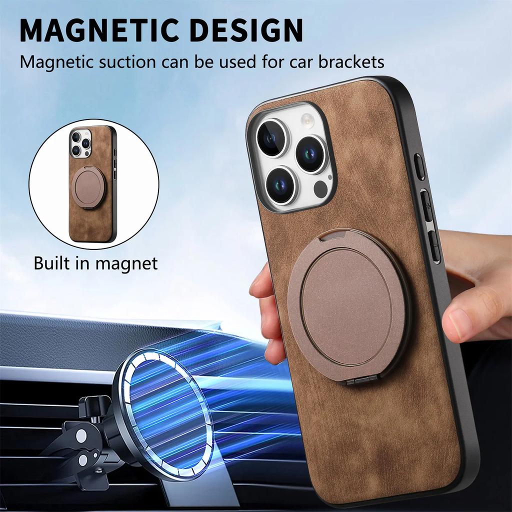 360 Rotating Ring Holder Kickstand Case For iPhone 16 Pro Max 15 Plus 14 13 12 11 SE 2024 Retro Pu Leather Back Magnetic Cover